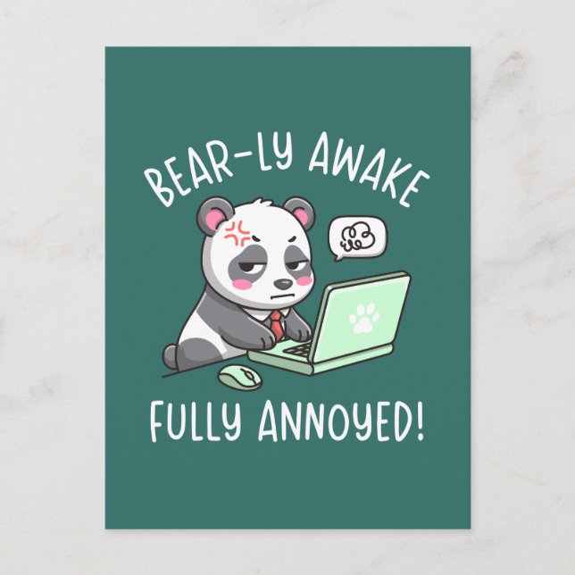 Bear-ly Awake Fully Annoyed - Panda Office Humor Vykort (Framsida)