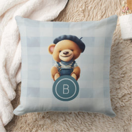 Bear Monogram Blue Gingham Kudde