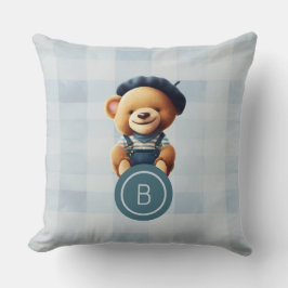 Bear Monogram Blue Gingham Kudde