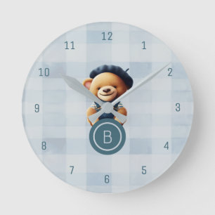 Bear Monogram Blue Gingham Wall Clock Rund Klocka