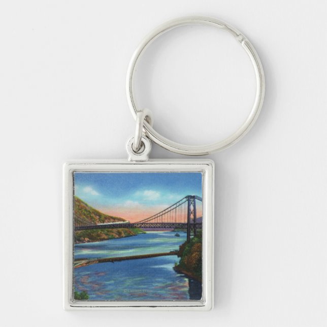 Bear Mountain Hudson River Bridge Fyrkantig Silverfärgad Nyckelring (Framsidan)
