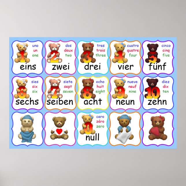 Bear Numbers Education, numbers, English, Fransk, Poster (Framsidan)