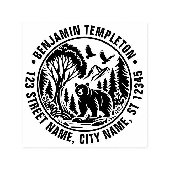 Bear och Träd Silhouette #3 Namn Returadress Självfärgande Stämpel (Design)