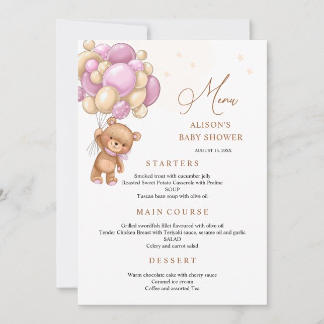 Bear Pink Balloons Baby Shower Menu Inbjudningar (Framsida)