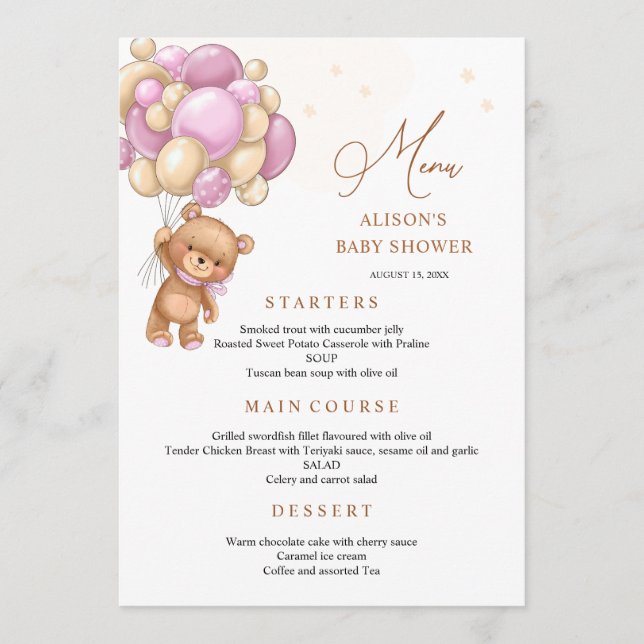 Bear Pink Balloons Baby Shower Menu Meny (Framsida)
