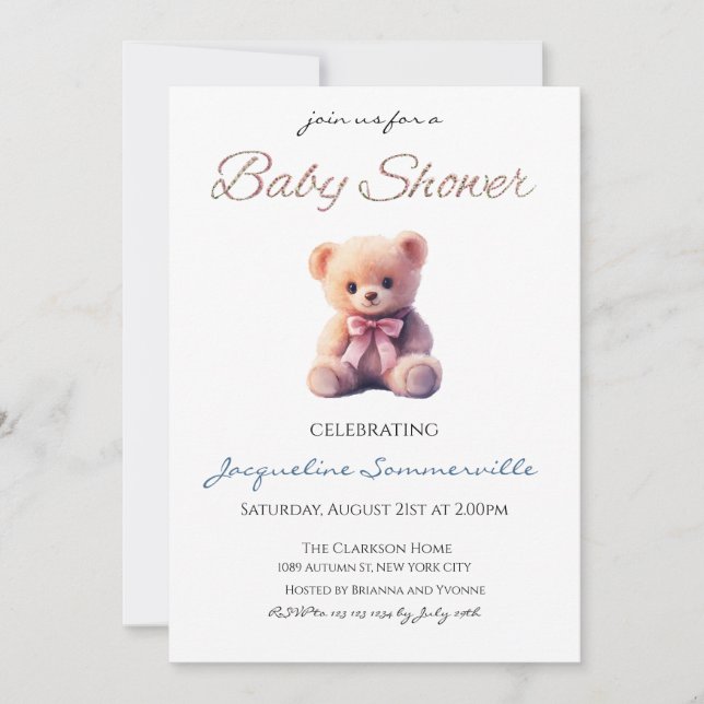 Bear Pink Bow Baby Shower It's a Girl Inbjudningar (Framsida)