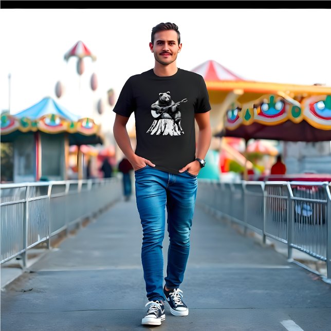 Bear Play Acoustic Guitar - Black T-Shirt (Bear Playing Guitar)
