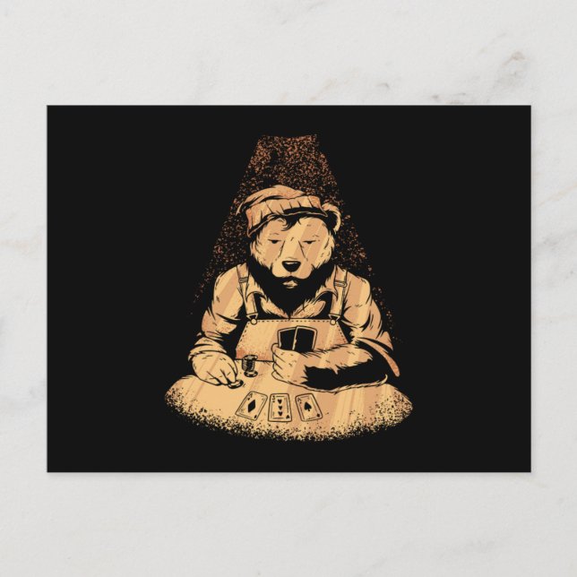 Bear Playing Poker Cards Casino Game Gambling Gift Vykort (Framsida)