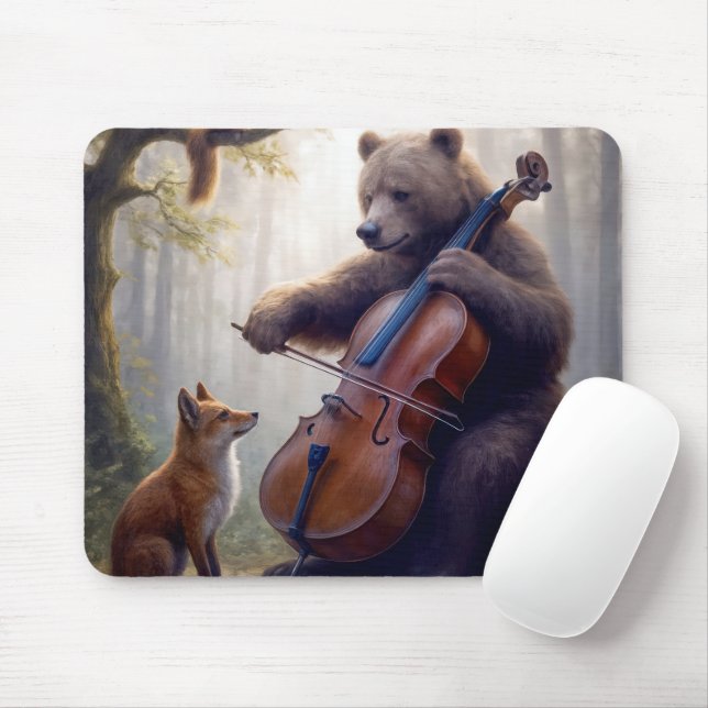 Bear Playing the Cello In a Misty Forest Musmatta (Med mus)