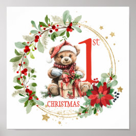 Bear Poinsettia Foliage Baby Första jul Poster