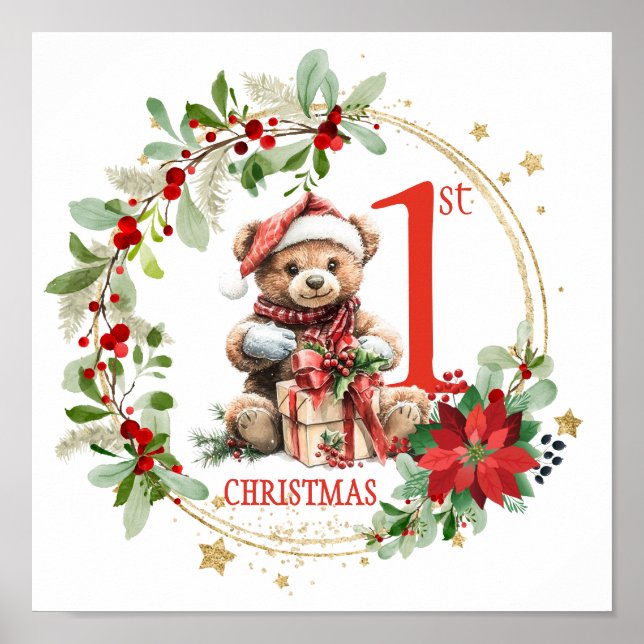 Bear Poinsettia Foliage Baby Första jul Poster (Framsidan)