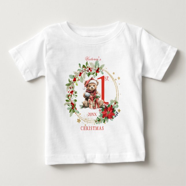 Bear Poinsettia Foliage Baby Första jul T Shirt (Framsida)