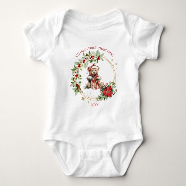 Bear Poinsettia Foliage Baby Första jul T Shirt (Framsida)
