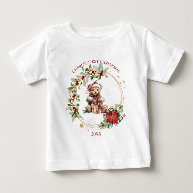 Bear Poinsettia Foliage Baby Första jul T Shirt (Framsida)