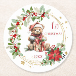 Bear Poinsettia Foliage Baby Första jul Underlägg Papper Rund