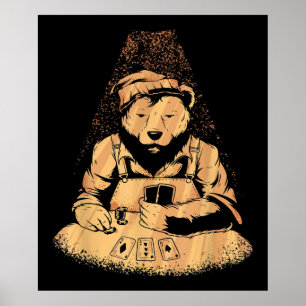 Bear Poker Player spelar upp kort Lucky Spelare Poster