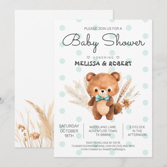 Bear Polka Pojke Shower Inbjudningar (Fram/baksida)