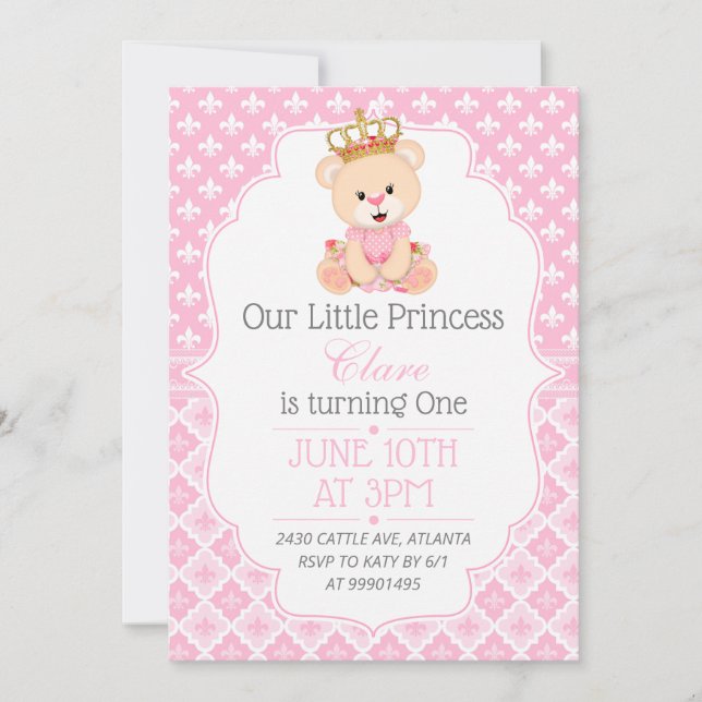 Bear Princess First Birthday Invitation Inbjudningar (Framsida)