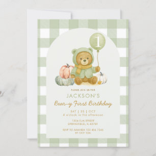 Bear Pumpkin Sage Grönt Beary First Birday Inbjudningar