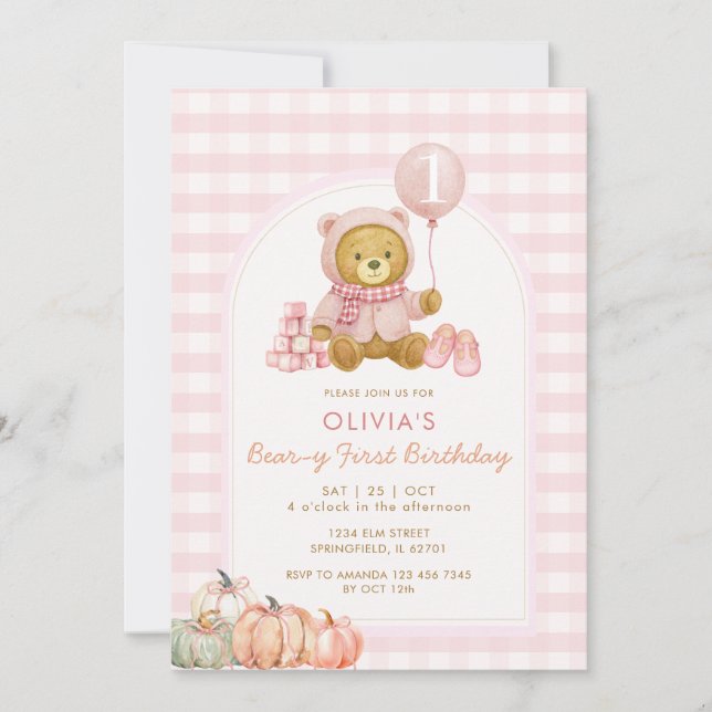 Bear Pumpkin Soft Rosa Beary First Birthday Inbjudningar (Framsida)