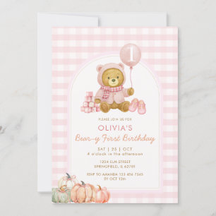 Bear Pumpkin Soft Rosa Beary First Birthday Inbjudningar
