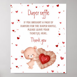 Bear Red Heart Baby Shower Diaper Raffle Sign Poster