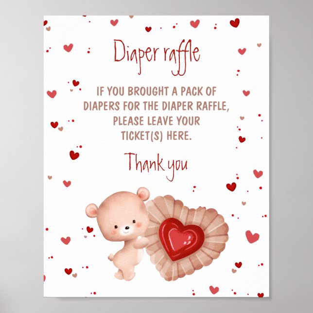 Bear Red Heart Baby Shower Diaper Raffle Sign Poster (Framsidan)