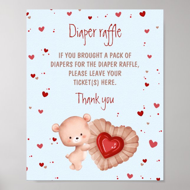 Bear Red Heart Boy Baby Shower Diaper Raffle Sign Poster (Framsidan)
