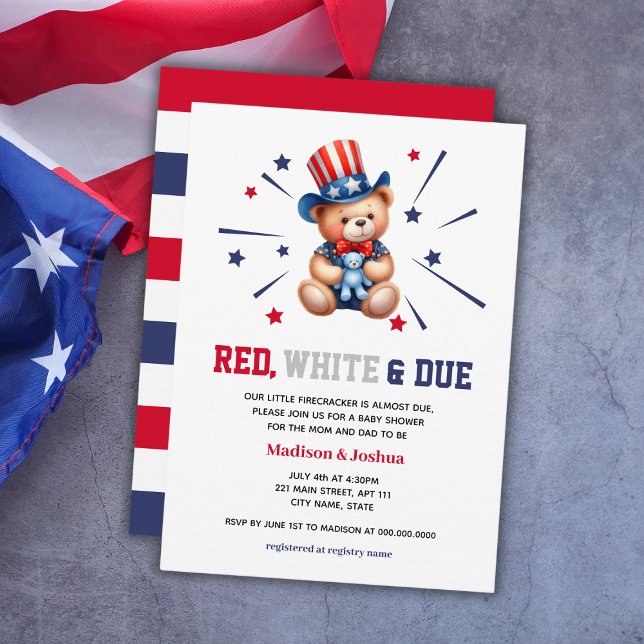 Bear Red White DoBoy Baby Shower 4:e juli Inbjudningar (Bear Red White Due Boy Baby Shower 4th Of July Invitation
)