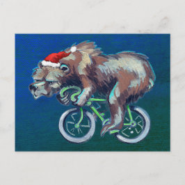 Bear Riding a Bicycle with Santa Hat Helg Vykort