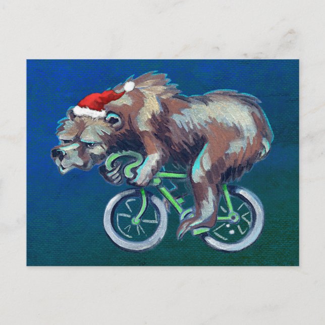 Bear Riding a Bicycle with Santa Hat Helg Vykort (Framsida)