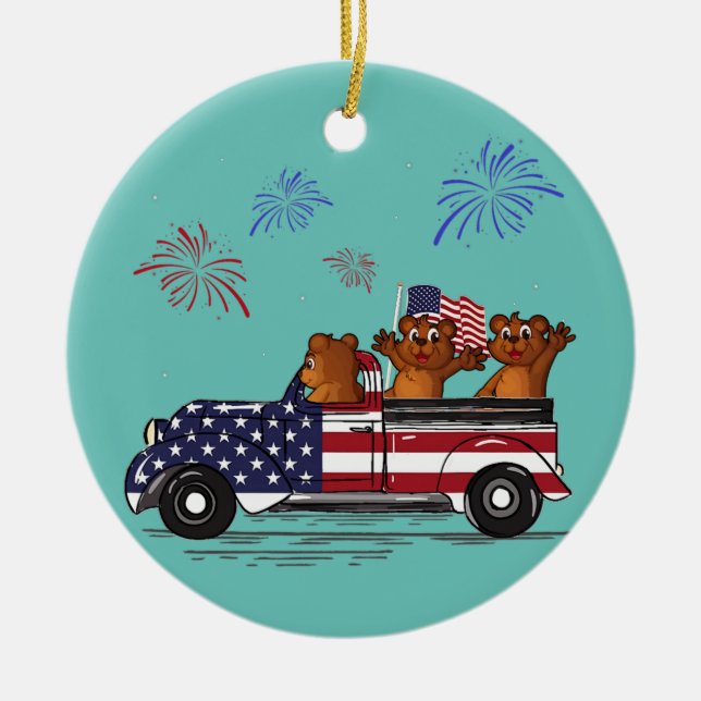 Bear Riding Lastbil American Flagga Fireworks Funn Julgransprydnad Keramik (Framsidan)