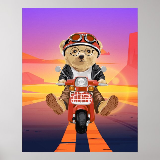 Bear Riding Scooter Desert Sunset Poster (Framsidan)