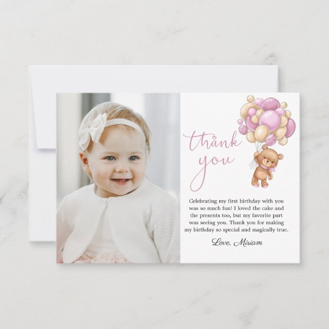 Bear Rosa Balloons Baby Photo Tackto You Card Tack Kort (Framsida)