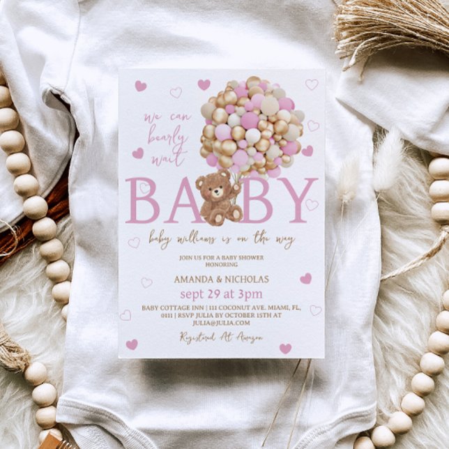Bear Rosa Balloons Girl Baby Shower Inbjudningar (Skapare uppladdad)