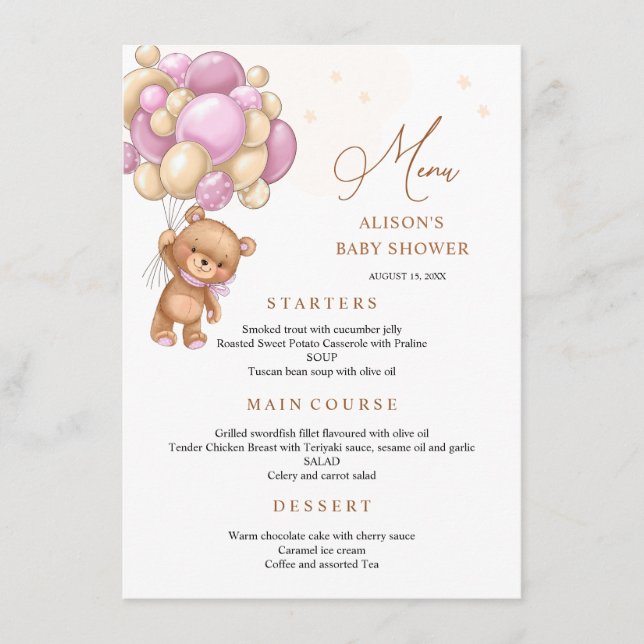 Bear Rosa Balloy Baby Shower-menyn Meny (Framsida)