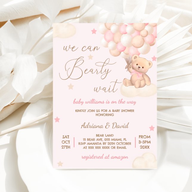 Bear Rosa Balloy Girl Baby Shower Cute Inbjudningar (Skapare uppladdad)