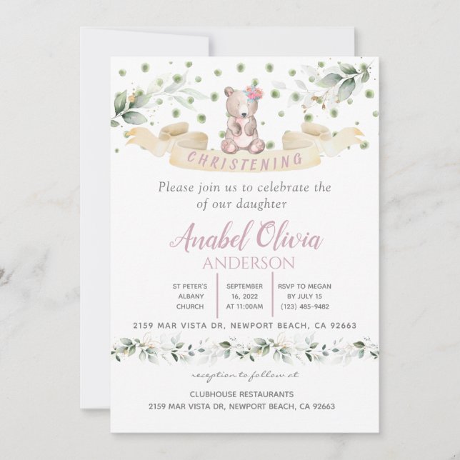 Bear Rosa Blommigt Greenery Baptism Flickinbjudan Inbjudningar (Framsida)