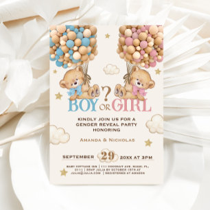 Bear Rosa Blue Balloons Barly Wait Gender Reveal Inbjudningar