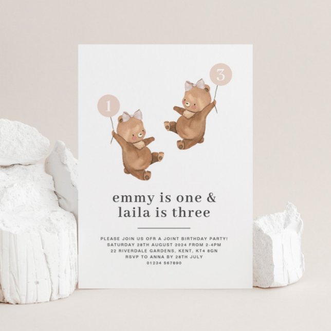 Bear Rosa Bow - 1:a och 3:e födelsedagen Inbjudningar (Bear Pink Bow - Joint 1st and 3rd Birthday Invitation)