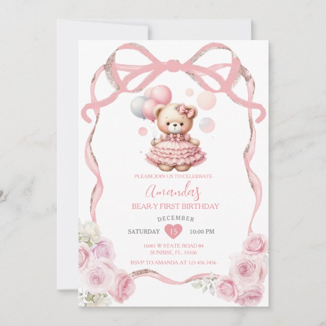 Bear Rosa Bow Ribbon First Birthday Inbjudningar (Framsida)