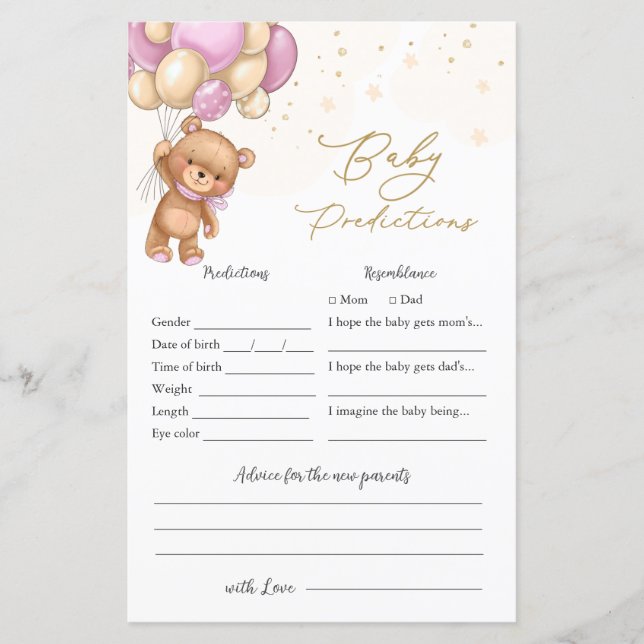 Bear Rosa Bubblings Baby Shower Baby Prediction (Framsida)