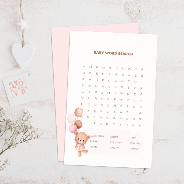 Bear & Rosa Bubblor Baby Shower Ord Search Game (Bear & Pink Balloons Baby Shower Word Search Game on a boho wooden table.)