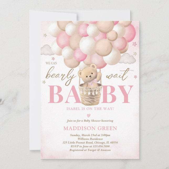 Bear Rosa Luftballong Girl Baby Shower Inbjudningar (Framsida)