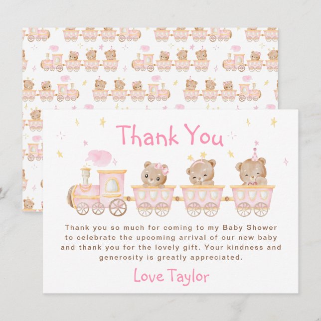 Bear Rosa Tåg Baby Shower Tack Kort (Fram/baksida)
