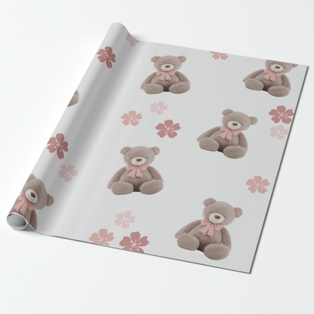 Bear Rosa Tecknad Mönster Presentpapper (Utrullad)
