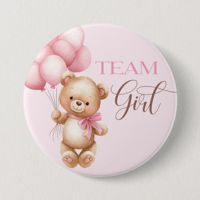 Bear round pin for gender reveal team girl. knapp (Framsida)