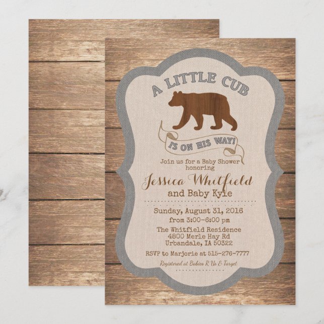 Bear Rustic Wood Baby Shower-inbjudan Inbjudningar (Fram/baksida)