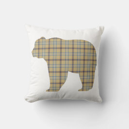 Bear Shape Plaid Tan Blue Cabin Core Kudde