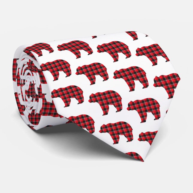 Bear Shaped Plaid Red Black Buffalo Neck Tie Slips (Rullad)
